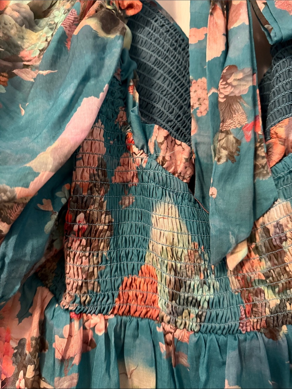 Anthro Anthropologie Teal Floral Smocked Maxi Dress Puff Sleeve Buttons 3X Plus - Picture 14 of 14